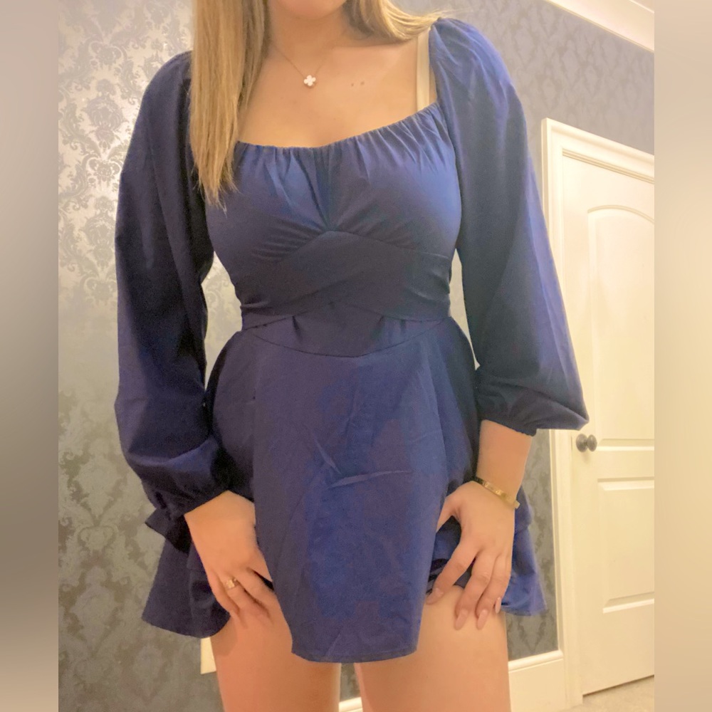 Cute navy long sleeve tie back double ruffle dress